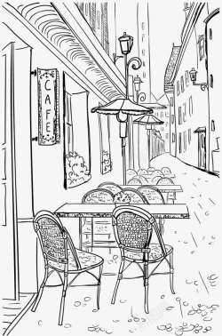 铅笔速写手绘露天咖啡厅素材