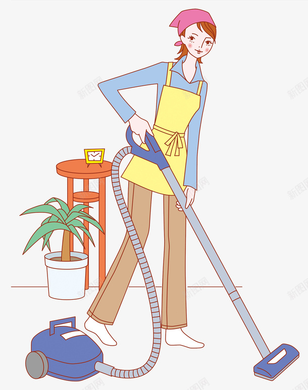 打扫卫生的女人png免抠素材_新图网 https://ixintu.com 凳子 勤劳的 卡通 吸尘器 围裙 女人 打扫卫生 盆景