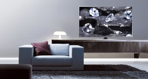蓝色的真皮沙发与电视机背景