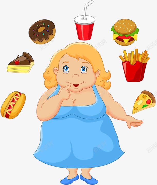 卡通手绘女孩png免抠素材_新图网 https://ixintu.com 吃货 汉堡包 胖女孩 食物