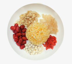 百合银耳红豆搭配好的甜汤食材高清图片