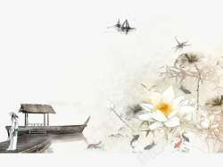 中国风划船的人中国风江边吟诗赏花高清图片