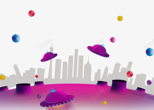 外星飞碟来到城市png免抠素材_新图网 https://ixintu.com 创意 卡通 城市 外星人 球体 紫色 红色 蓝色 飞碟