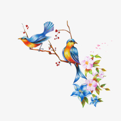 鸟类装饰枝干上的喜鹊水彩图高清图片
