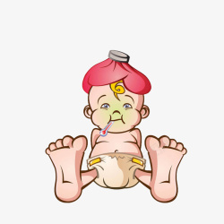 卡通冰袋卡通发烧顶着冰袋降温的小婴儿素高清图片