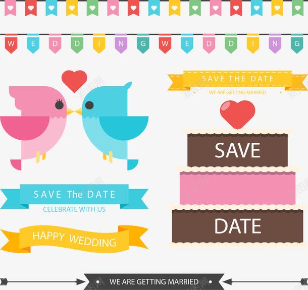 结婚派对装饰png免抠素材_新图网 https://ixintu.com 三层蛋糕 亲吻小鸟 彩色彩带 派对彩旗 矢量素材