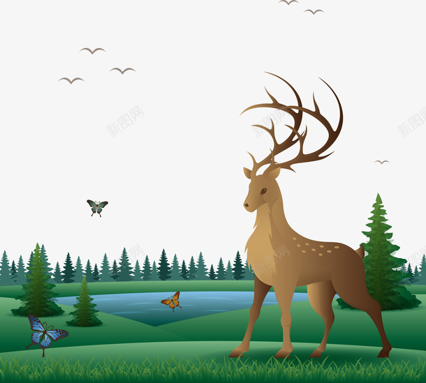 草地上的鹿png免抠素材_新图网 https://ixintu.com 动物插画 小鸟 湖水 美丽的鹿 蝴蝶 风景插画