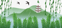 绿色系小清新手绘烟雨中的雷峰塔高清图片