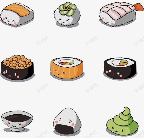 手绘寿司和饭团png免抠素材_新图网 https://ixintu.com 寿司 手绘 日本料理 芥末 表情 饭团