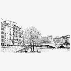 黑白树木手绘风景建筑线稿高清图片