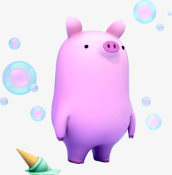 c4d卡通吹泡泡的粉色猪猪装饰素材