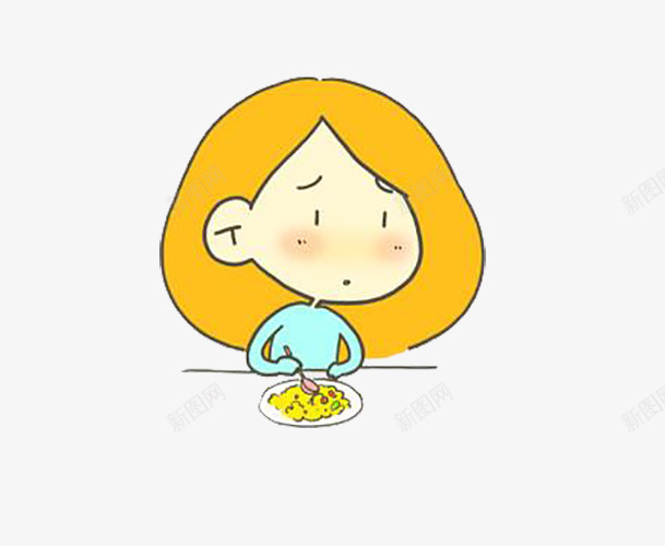 不想吃饭的小女孩png免抠素材_新图网 https://ixintu.com 吃饭表情 害怕的人 小桌子 盘子 红红的脸蛋 蓝色上衣的女孩 装着食物 金色的头发的女孩