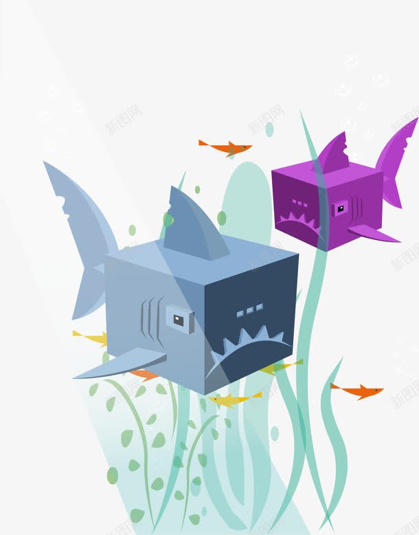 创意方形海底生物矢量图eps免抠素材_新图网 https://ixintu.com 创意结构 海底世界 海洋生物 矢量素材 鲨鱼 矢量图