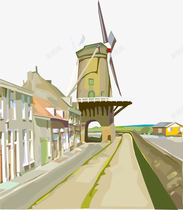 荷兰风车小镇手绘png免抠素材_新图网 https://ixintu.com 卡通手绘 彩绘 欧洲小镇