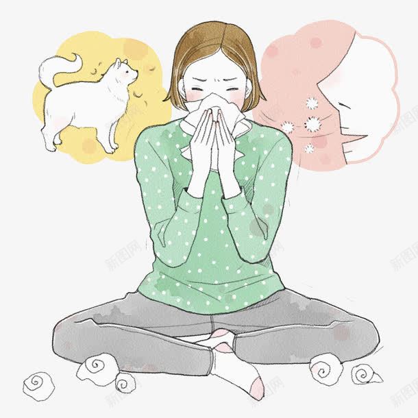 感冒的女人png免抠素材_新图网 https://ixintu.com 卡通 女人 小狗 感冒的 感冒鼻塞 擤鼻涕 流感病毒卡通 纸团 过敏的