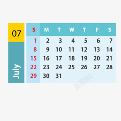 蓝色的日历蓝黄色2019年7月日历矢量图高清图片