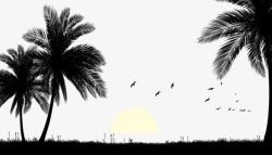 落日椰子树黑色热i带沙滩剪影高清图片