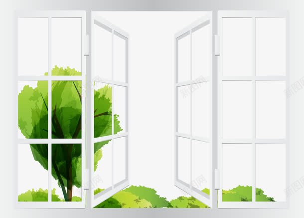 白色窗户外的绿树矢量图eps免抠素材_新图网 https://ixintu.com 白色 白色窗框 矢量图 窗户 绿树 落地窗 风景