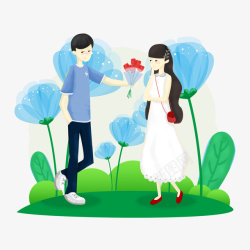 送花的情侣手绘卡通男孩女孩高清图片