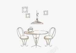 休闲背景墙手绘描线休闲椅咖啡杯高清图片