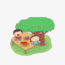 树下乘凉在树下乘凉吃西瓜的小孩子高清图片