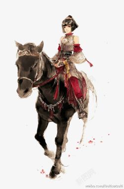 手绘骑马骑马的少女手绘水墨画高清图片