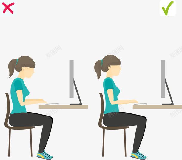 坐姿正误对比图png免抠素材_新图网 https://ixintu.com 坐姿端正 正确坐姿 看电脑 矢量素材 矫正姿势 错误坐姿