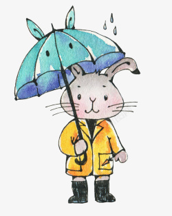 撑雨伞手绘水彩卡通插图撑雨伞的小兔子高清图片