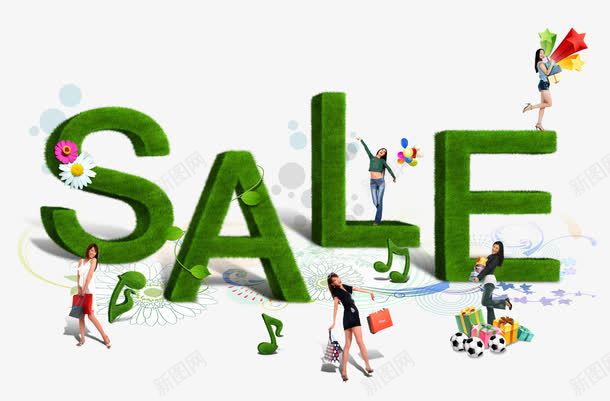 绿色销售英文和购物美女png免抠素材_新图网 https://ixintu.com sale 促销 女孩 女郎 购物