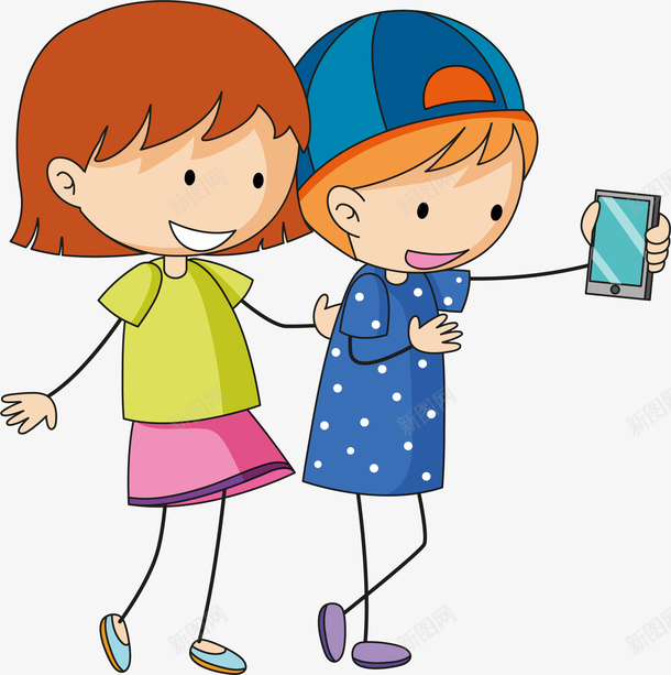走路的两个小女孩png免抠素材_新图网 https://ixintu.com 儿童 卡通 可爱 大笑的女孩子 女孩子 小孩 看手机 矢量图案