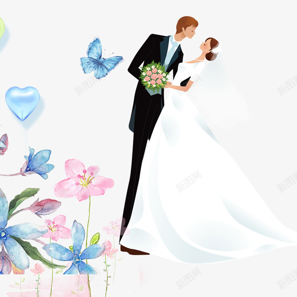卡通手绘结婚的新娘新郎psd免抠素材_新图网 https://ixintu.com 免抠卡通人物 卡通 手绘 结婚的新娘新郎 花朵装饰 蝴蝶