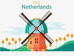 荷兰式风车美丽郁金香风车旅游矢量图高清图片