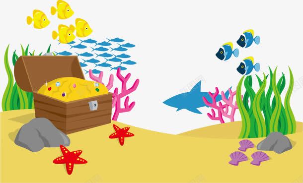 美丽的海底世界png免抠素材_新图网 https://ixintu.com 寻宝 水草 海底宝藏 金币箱 鱼群
