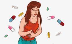吃药免扣PNG图肚子疼吃药的女人矢量图高清图片