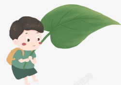 绿色卡通手绘拿着叶子的男孩素材