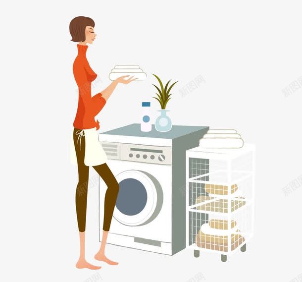 女人洗衣机png免抠素材_新图网 https://ixintu.com 全自动洗衣机 卡通 圆形 女人 手绘 橘色衣服 电器