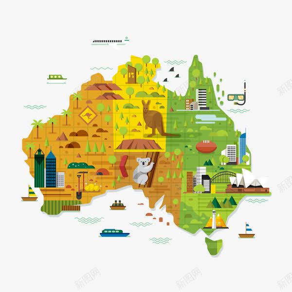 卡通澳大利亚地图png免抠素材_新图网 https://ixintu.com 动物 卡通 卡通地图 地域特色 澳大利亚地区