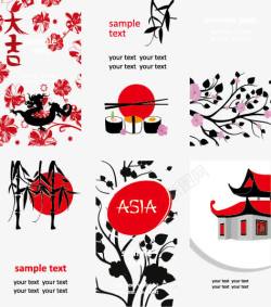 亚洲建筑龙纹祥云挂饰与日本寿司等素矢量图高清图片