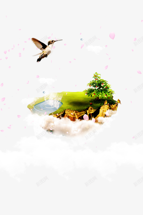 意境悬浮岛psd免抠素材_新图网 https://ixintu.com 云朵 悬浮 悬浮岛 悬空岛 意境 树木 漂浮 绿色 设计 透明 飞鸟