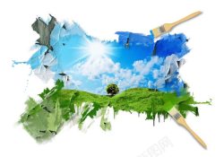 粉刷墙壁工人粉刷出来的蓝天白云高清图片