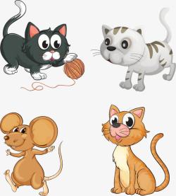 玩线球的猫手绘卡通猫和老鼠高清图片