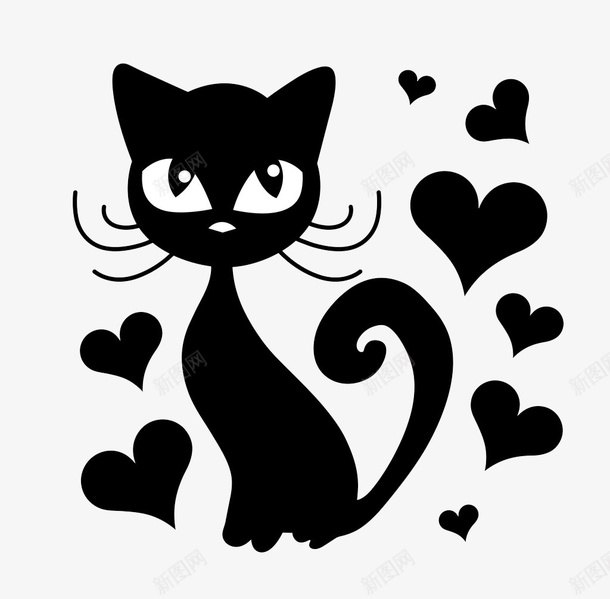 黑色剪纸猫咪爱心点缀图标png_新图网 https://ixintu.com 剪纸 爱心 贴纸 黑色