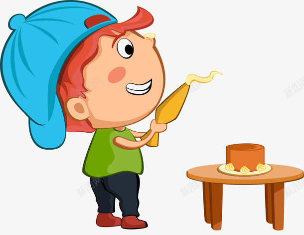 卡通可爱男孩做蛋糕图png免抠素材_新图网 https://ixintu.com 做蛋糕 卡通 奶油 小男孩 帅气的 桌子 高兴地