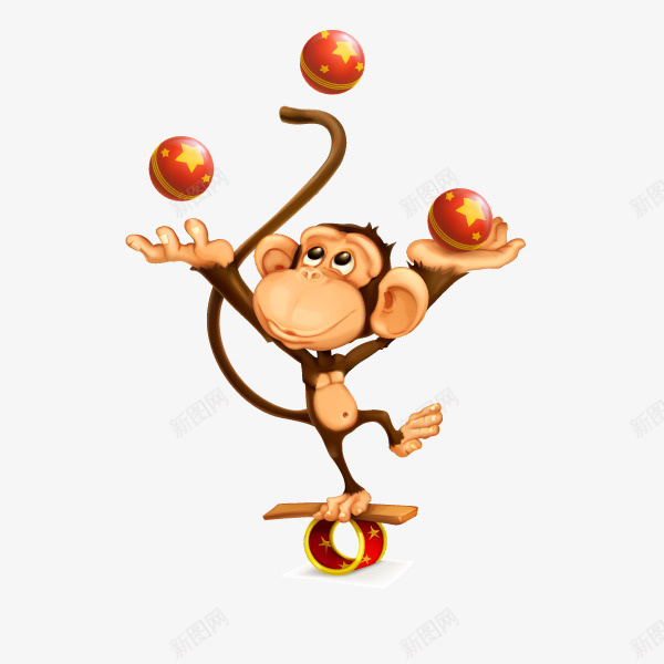 卡通猴子的杂技表演png免抠素材_新图网 https://ixintu.com 动物 卡通猴子 圆球 棕色猴子 猴吹喇叭 猴子 马戏团