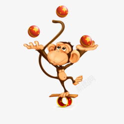 棕色圆球卡通猴子的杂技表演高清图片