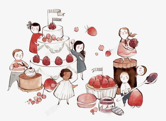 卡通生日派对png免抠素材_新图网 https://ixintu.com 卡通 小孩 手绘 插画 派对 生日 草莓 蛋糕