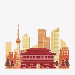 手绘中国建筑橙色的上海东方明珠塔高清图片