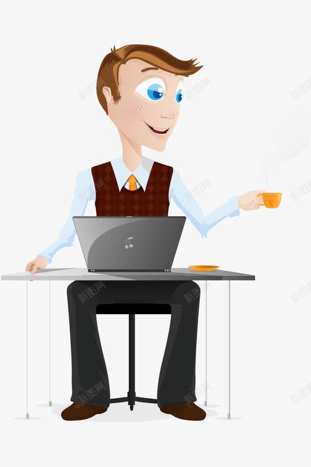 卡通手绘工作喝茶笔记本电脑男人png免抠素材_新图网 https://ixintu.com 卡通的人物 工作喝茶的男人 手绘的男人 笔记本电脑的男人