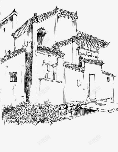 徽派建筑png免抠素材_新图网 https://ixintu.com 徽派建筑 手绘 素描 装饰 黑白