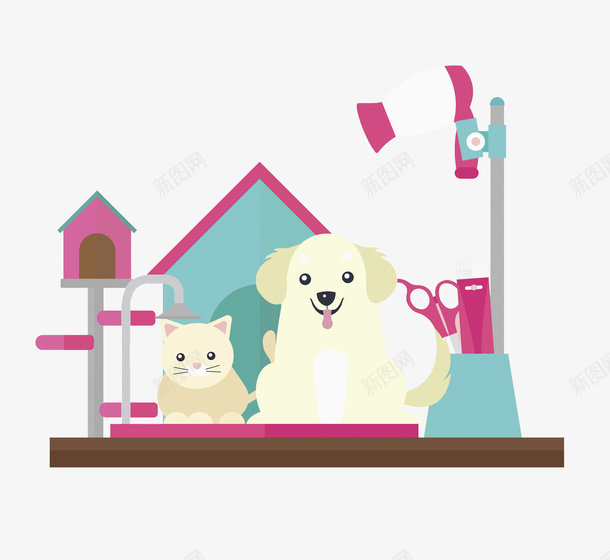 卡通宠物医院图png免抠素材_新图网 https://ixintu.com 动物 卡通 可爱的 吹风机 宠物 小狗 美容